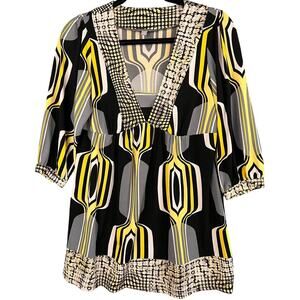 NY Collection Blouse Womens Large-Modern Design Flowy Yellow Black Gray V-Neck
